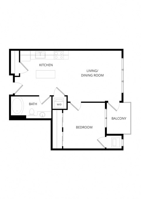 Floor plan for 1 bed, 1 bath, 728 sqft